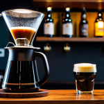 A perfectly poured glass of dark coffee-infused craft stout, featuring a rich, frothy head and a deep amber hue. The glass rests on a sleek, polished wooden bar counter. Surrounding the glass are a few perfectly roasted coffee beans and a high-quality, professional pour-over coffee dripper, subtly highlighting the unique fusion of coffee and beer. The background is a softly blurred, modern Malaysian craft beer bar interior with warm, inviting ambient lighting, creating a sophisticated and appealing atmosphere. safe for work, appropriate content, fully clothed, professional, modest clothing, family-friendly, professional photography, high quality, studio lighting, sharp focus, vibrant colors, detailed textures.