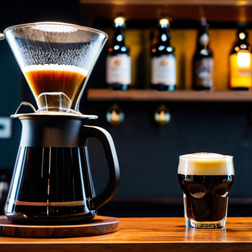 A perfectly poured glass of dark coffee-infused craft stout, featuring a rich, frothy head and a deep amber hue. The glass rests on a sleek, polished wooden bar counter. Surrounding the glass are a few perfectly roasted coffee beans and a high-quality, professional pour-over coffee dripper, subtly highlighting the unique fusion of coffee and beer. The background is a softly blurred, modern Malaysian craft beer bar interior with warm, inviting ambient lighting, creating a sophisticated and appealing atmosphere. safe for work, appropriate content, fully clothed, professional, modest clothing, family-friendly, professional photography, high quality, studio lighting, sharp focus, vibrant colors, detailed textures.
