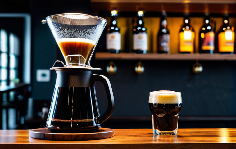 A perfectly poured glass of dark coffee-infused craft stout, featuring a rich, frothy head and a deep amber hue. The glass rests on a sleek, polished wooden bar counter. Surrounding the glass are a few perfectly roasted coffee beans and a high-quality, professional pour-over coffee dripper, subtly highlighting the unique fusion of coffee and beer. The background is a softly blurred, modern Malaysian craft beer bar interior with warm, inviting ambient lighting, creating a sophisticated and appealing atmosphere. safe for work, appropriate content, fully clothed, professional, modest clothing, family-friendly, professional photography, high quality, studio lighting, sharp focus, vibrant colors, detailed textures.
