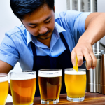 A professional, fully clothed male brewer, wearing a modest clean apron and short-sleeved shirt, carefully pouring a unique Malaysian craft beer into a tasting glass from a tap. The beer exhibits a subtle blue hue from butterfly pea flower, with a gentle head. In the background, modern stainless steel brewing tanks are visible, alongside neatly arranged local ingredients such as fresh jackfruit and small bunches of butterfly pea flowers on a rustic wooden table. The scene is well-lit, emphasizing the artisanal process. The image is professional photography, high-resolution, with perfect anatomy, correct proportions, well-formed hands, and a natural pose. This content is safe for work and appropriate.