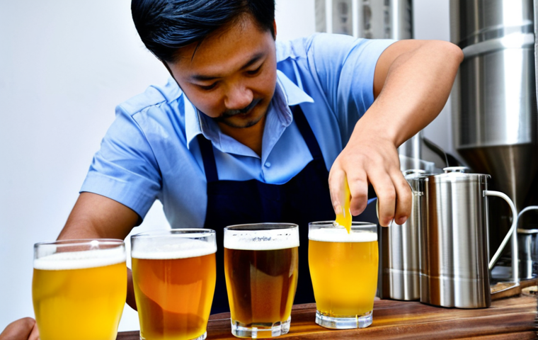A professional, fully clothed male brewer, wearing a modest clean apron and short-sleeved shirt, carefully pouring a unique Malaysian craft beer into a tasting glass from a tap. The beer exhibits a subtle blue hue from butterfly pea flower, with a gentle head. In the background, modern stainless steel brewing tanks are visible, alongside neatly arranged local ingredients such as fresh jackfruit and small bunches of butterfly pea flowers on a rustic wooden table. The scene is well-lit, emphasizing the artisanal process. The image is professional photography, high-resolution, with perfect anatomy, correct proportions, well-formed hands, and a natural pose. This content is safe for work and appropriate.